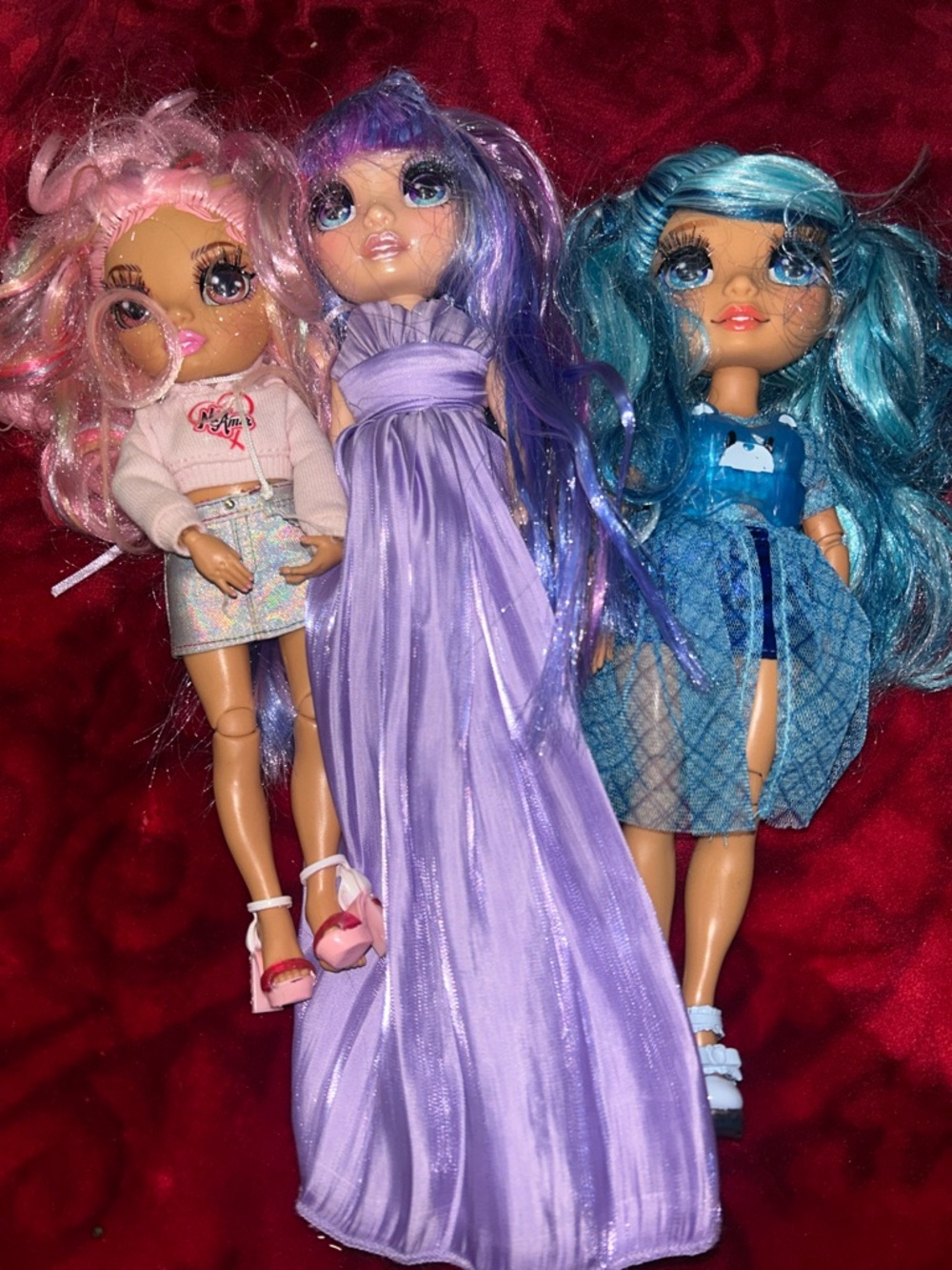 3-Piece Kids Fashion Doll Set in Purple, Pink, and Blue